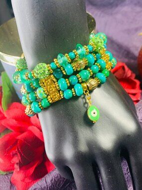 One-Of-A-Kind Evil Eye Charm, Wagnerite, Australian Jasper & Pewter Bracelet Set